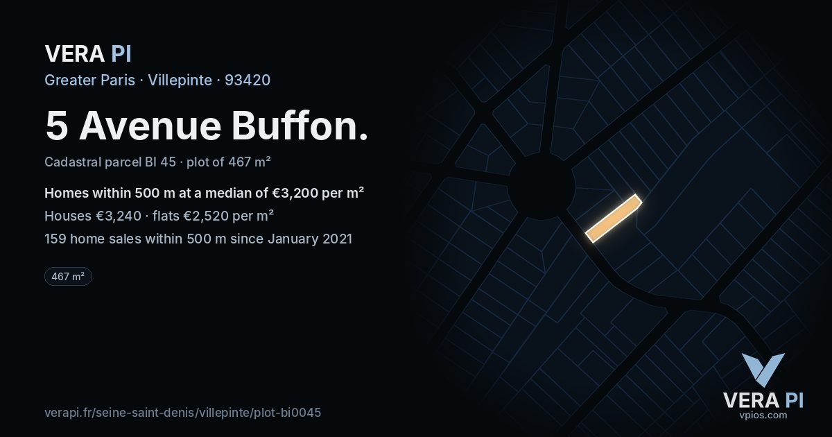 5 Avenue Buffon, Villepinte at night – the plot lit, the parcels around coloured by the prices near them