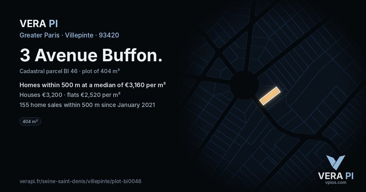 3 Avenue Buffon, Villepinte at night – the plot lit, the parcels around coloured by the prices near them
