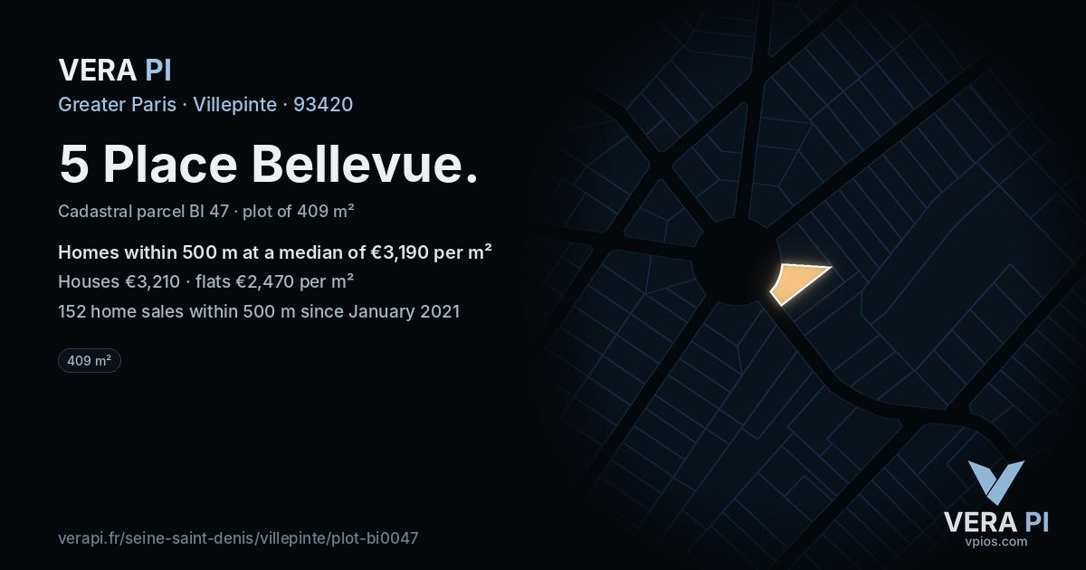 5 Place Bellevue, Villepinte at night – the plot lit, the parcels around coloured by the prices near them