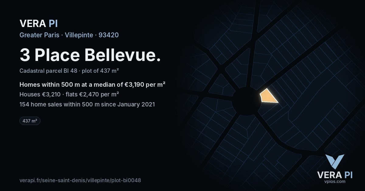 3 Place Bellevue, Villepinte at night – the plot lit, the parcels around coloured by the prices near them