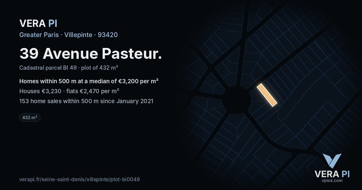 39 Avenue Pasteur, Villepinte at night – the plot lit, the parcels around coloured by the prices near them