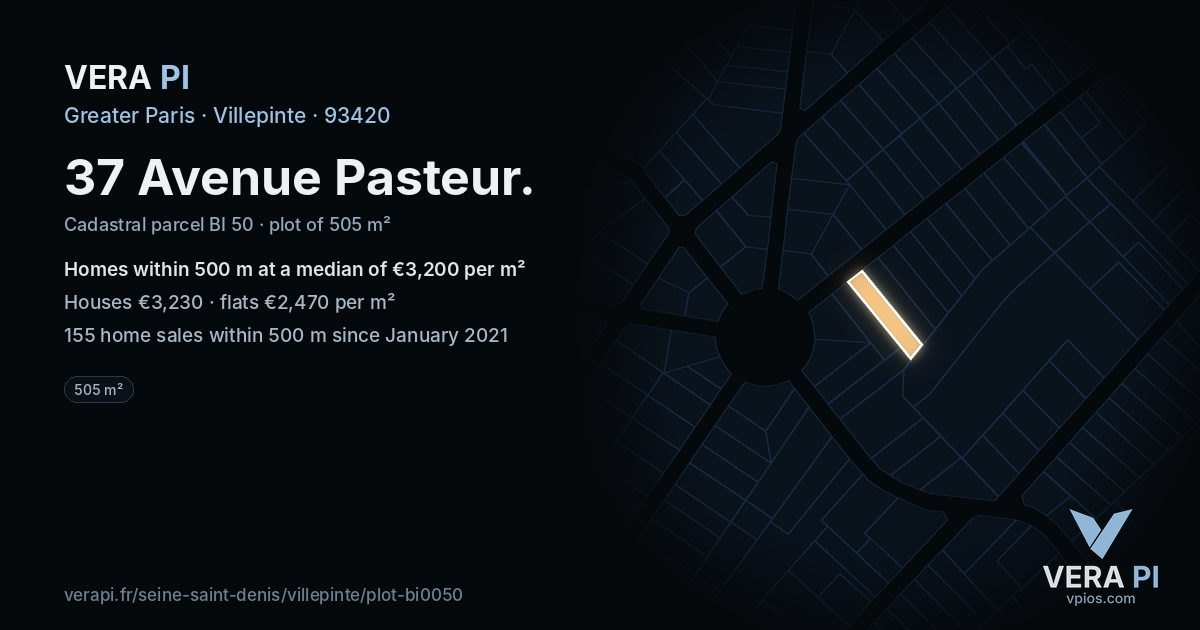 37 Avenue Pasteur, Villepinte at night – the plot lit, the parcels around coloured by the prices near them