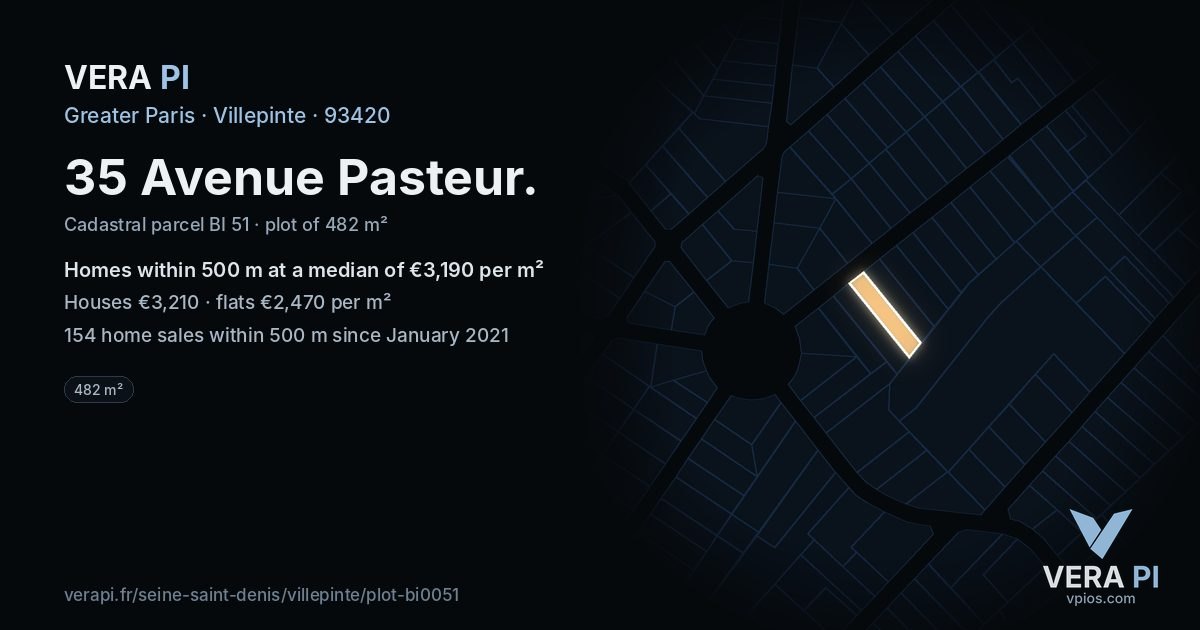 35 Avenue Pasteur, Villepinte at night – the plot lit, the parcels around coloured by the prices near them
