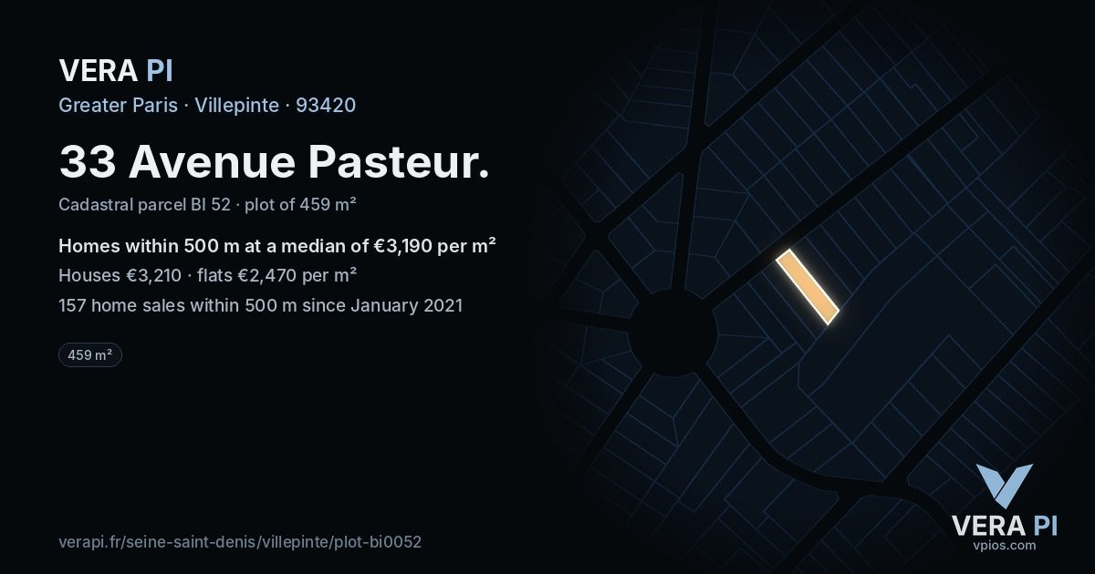 33 Avenue Pasteur, Villepinte at night – the plot lit, the parcels around coloured by the prices near them