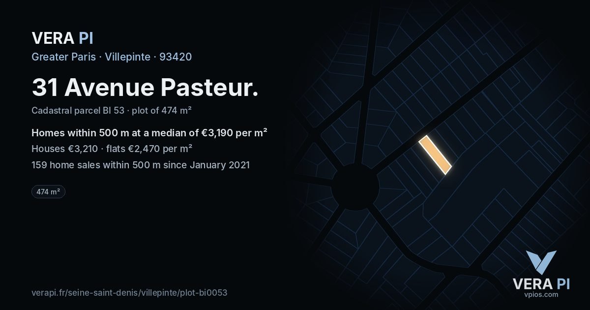 31 Avenue Pasteur, Villepinte at night – the plot lit, the parcels around coloured by the prices near them