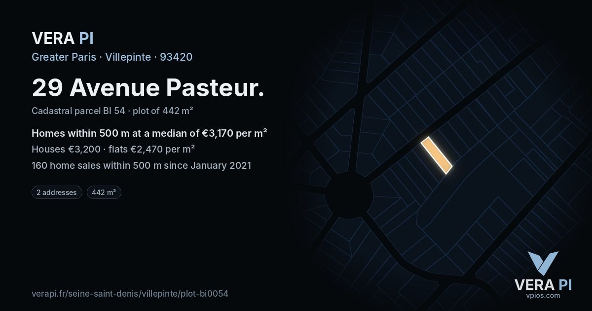 29 Avenue Pasteur, Villepinte at night – the plot lit, the parcels around coloured by the prices near them