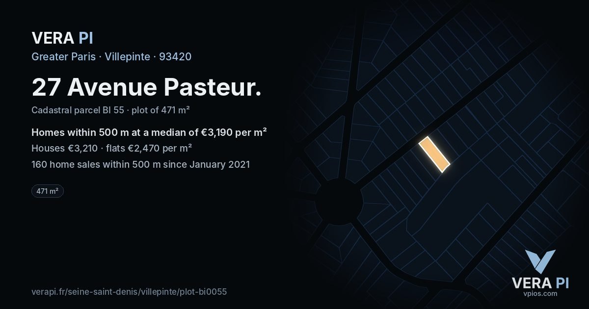 27 Avenue Pasteur, Villepinte at night – the plot lit, the parcels around coloured by the prices near them