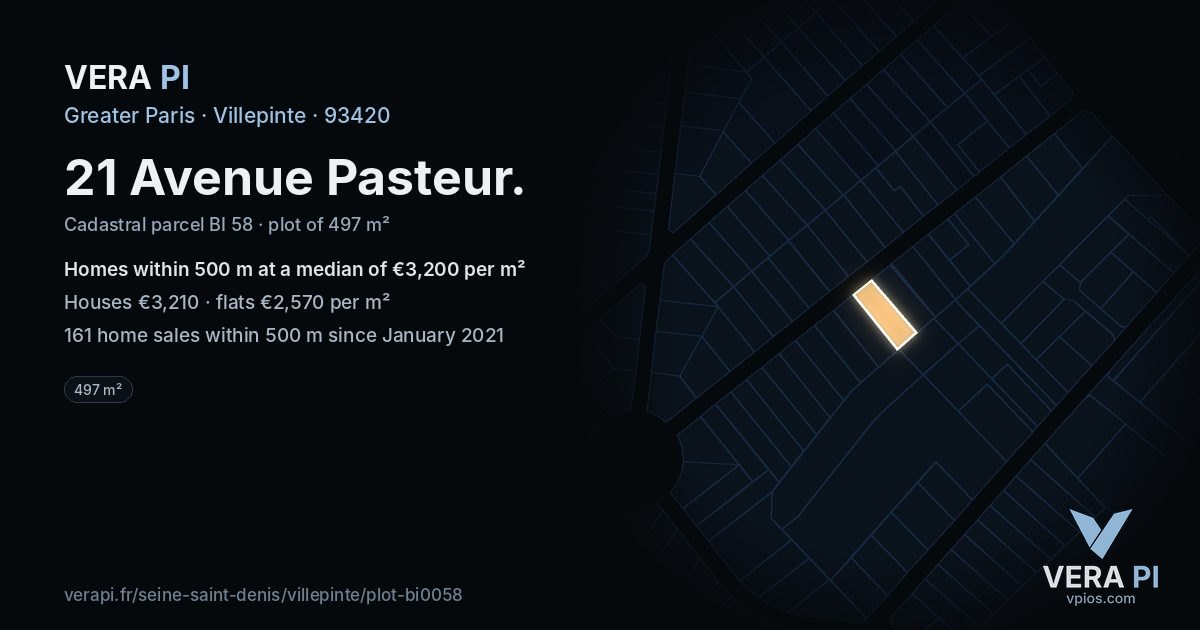 21 Avenue Pasteur, Villepinte at night – the plot lit, the parcels around coloured by the prices near them