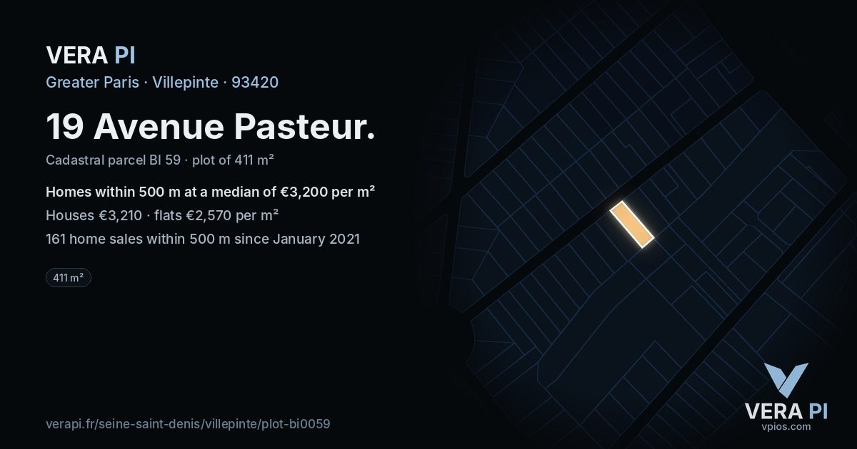 19 Avenue Pasteur, Villepinte at night – the plot lit, the parcels around coloured by the prices near them