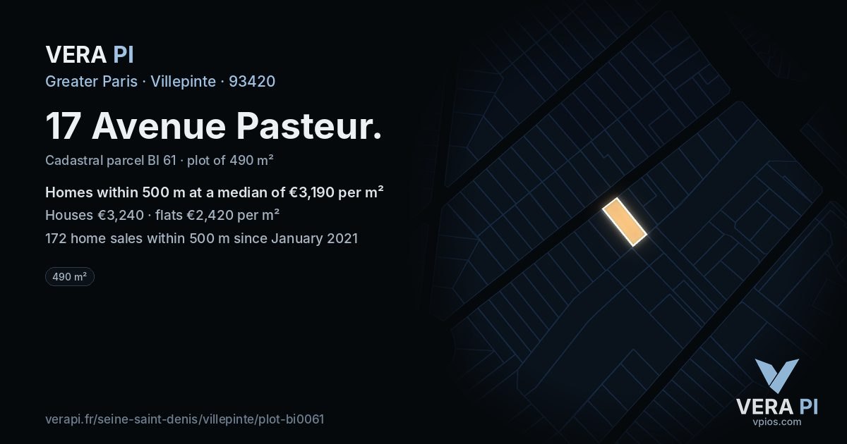 17 Avenue Pasteur, Villepinte at night – the plot lit, the parcels around coloured by the prices near them