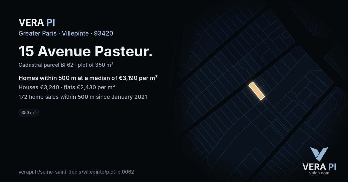 15 Avenue Pasteur, Villepinte at night – the plot lit, the parcels around coloured by the prices near them