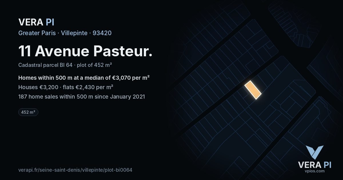 11 Avenue Pasteur, Villepinte at night – the plot lit, the parcels around coloured by the prices near them