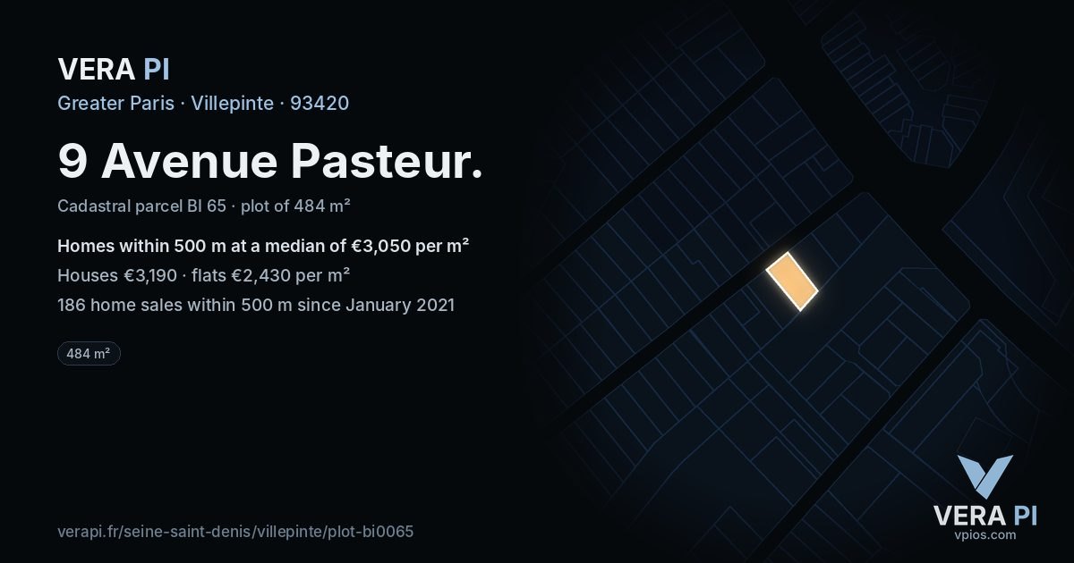 9 Avenue Pasteur, Villepinte at night – the plot lit, the parcels around coloured by the prices near them