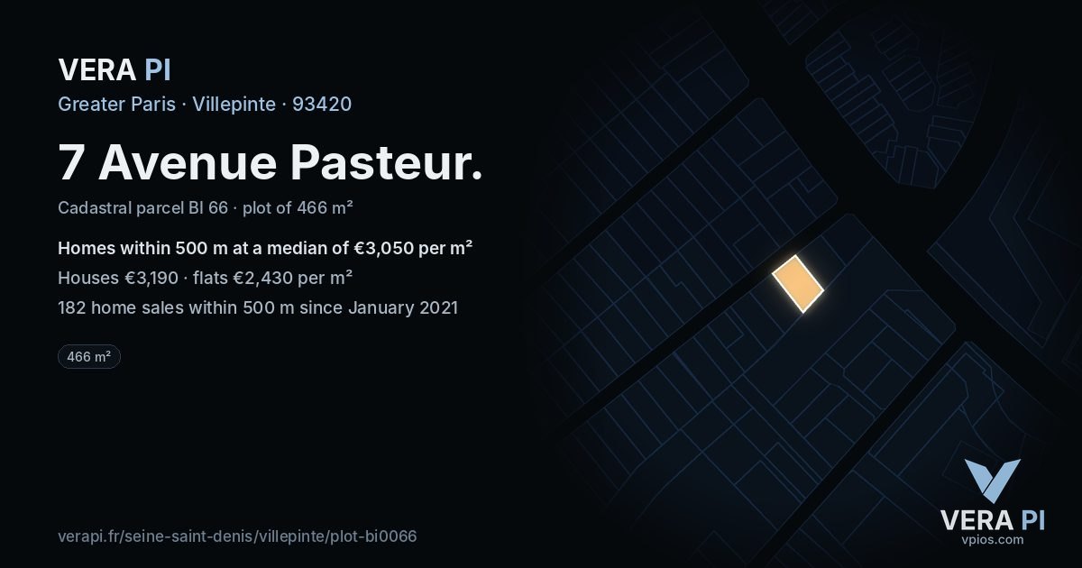 7 Avenue Pasteur, Villepinte at night – the plot lit, the parcels around coloured by the prices near them