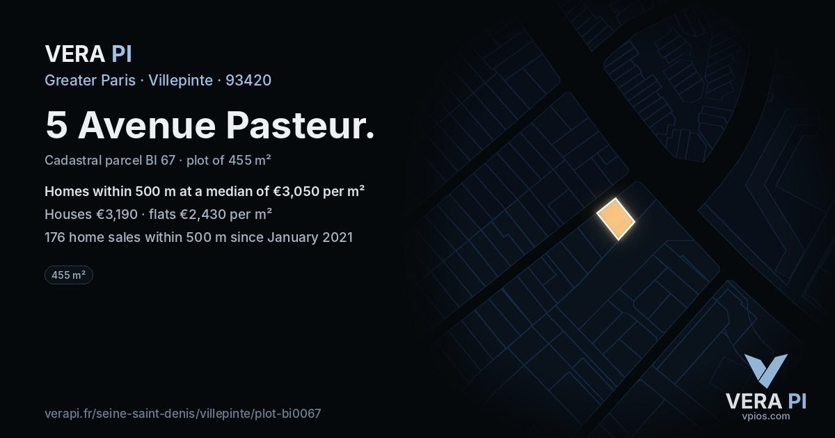 5 Avenue Pasteur, Villepinte at night – the plot lit, the parcels around coloured by the prices near them