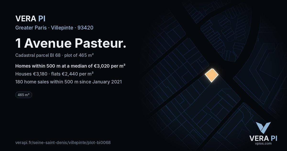 1 Avenue Pasteur, Villepinte at night – the plot lit, the parcels around coloured by the prices near them