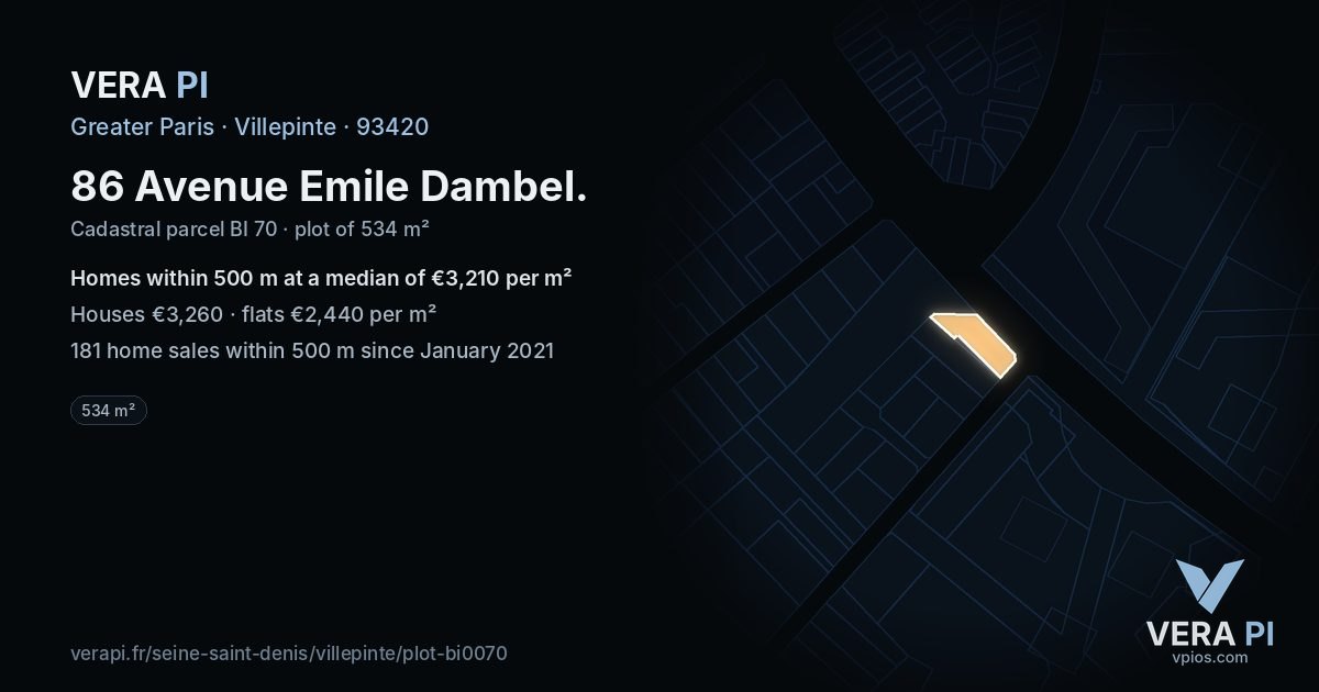 86 Avenue Emile Dambel, Villepinte at night – the plot lit, the parcels around coloured by the prices near them