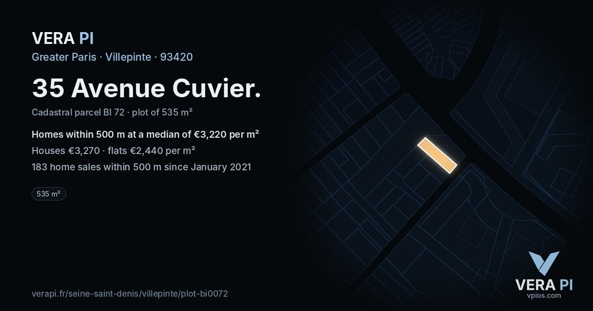 35 Avenue Cuvier, Villepinte at night – the plot lit, the parcels around coloured by the prices near them