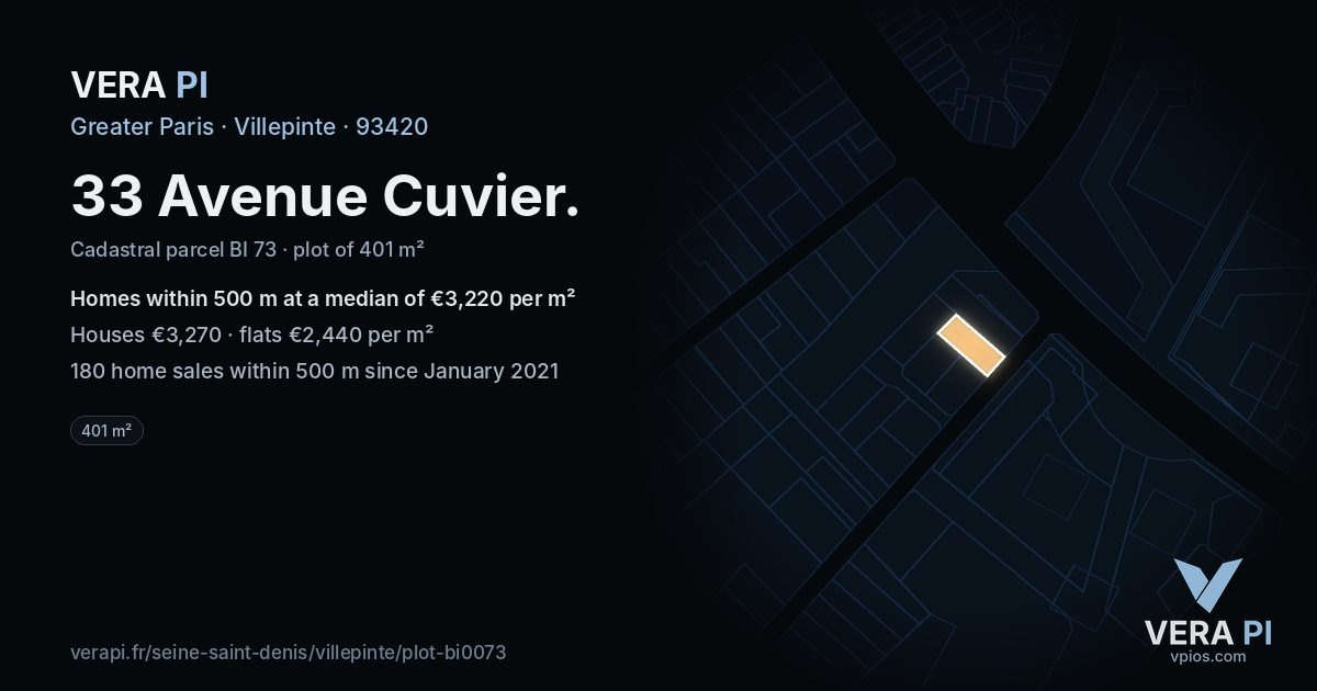 33 Avenue Cuvier, Villepinte at night – the plot lit, the parcels around coloured by the prices near them