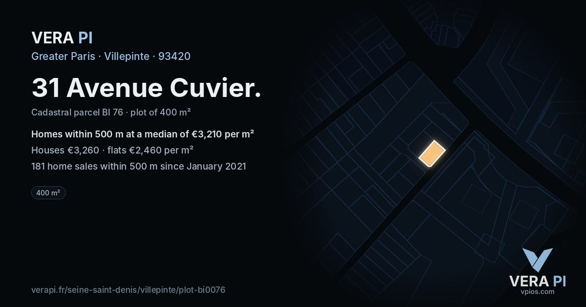 31 Avenue Cuvier, Villepinte at night – the plot lit, the parcels around coloured by the prices near them