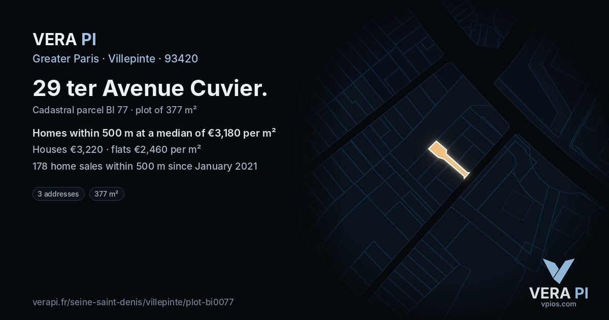 29 ter Avenue Cuvier, Villepinte at night – the plot lit, the parcels around coloured by the prices near them