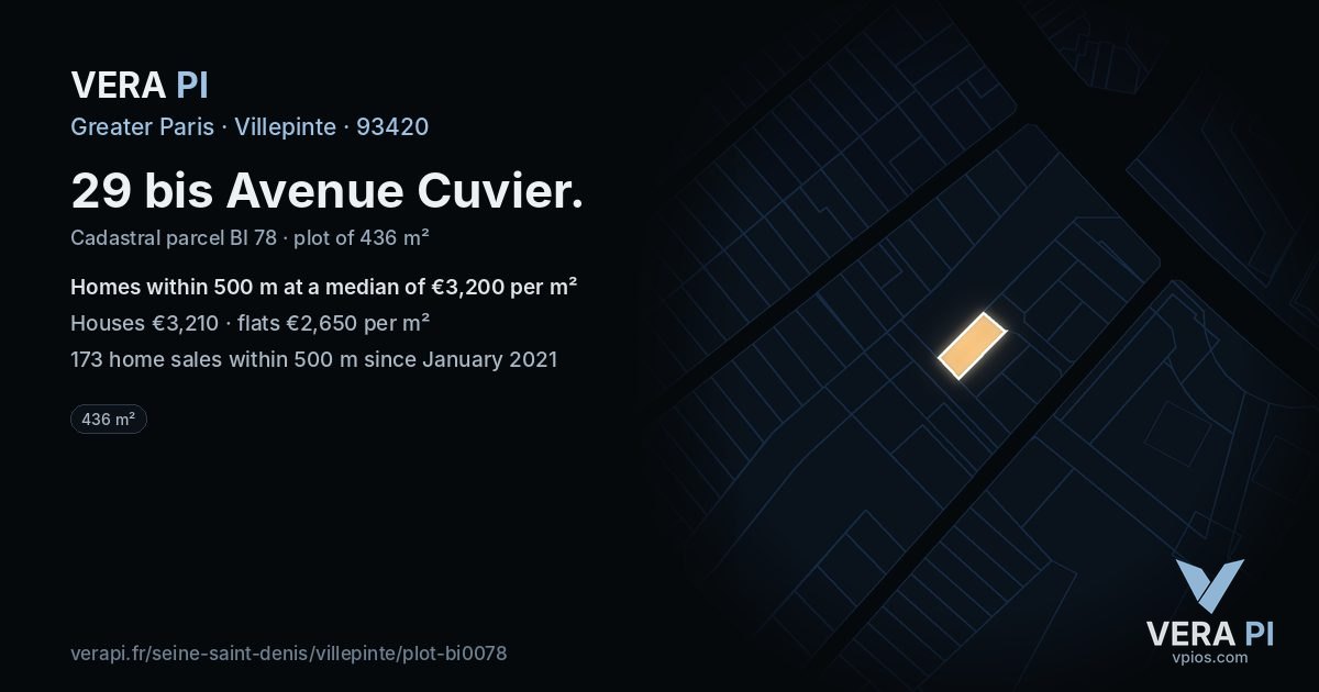 29 bis Avenue Cuvier, Villepinte at night – the plot lit, the parcels around coloured by the prices near them