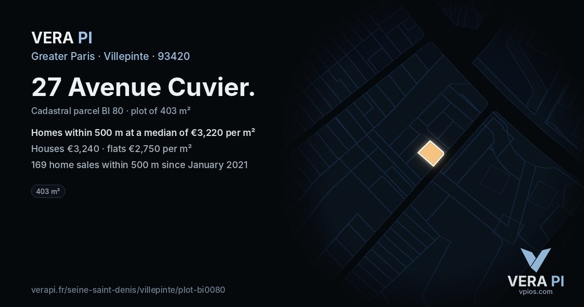 27 Avenue Cuvier, Villepinte at night – the plot lit, the parcels around coloured by the prices near them