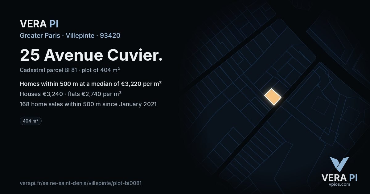 25 Avenue Cuvier, Villepinte at night – the plot lit, the parcels around coloured by the prices near them