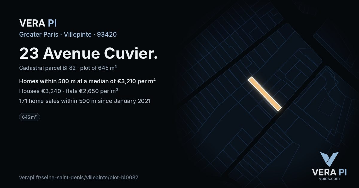 23 Avenue Cuvier, Villepinte at night – the plot lit, the parcels around coloured by the prices near them