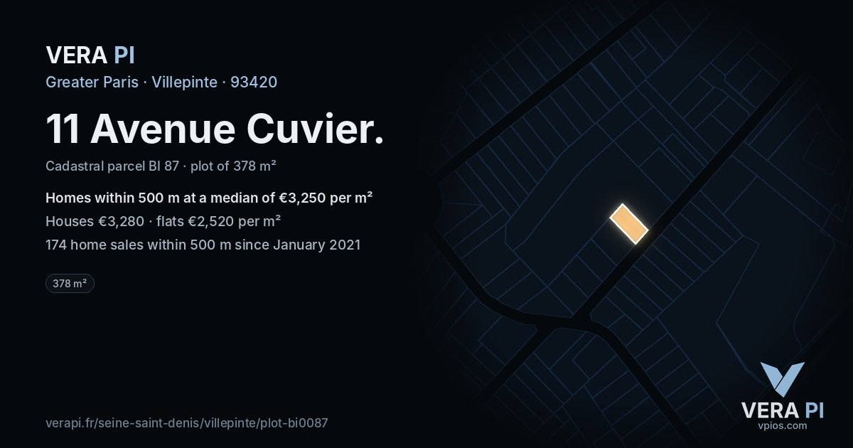 11 Avenue Cuvier, Villepinte at night – the plot lit, the parcels around coloured by the prices near them