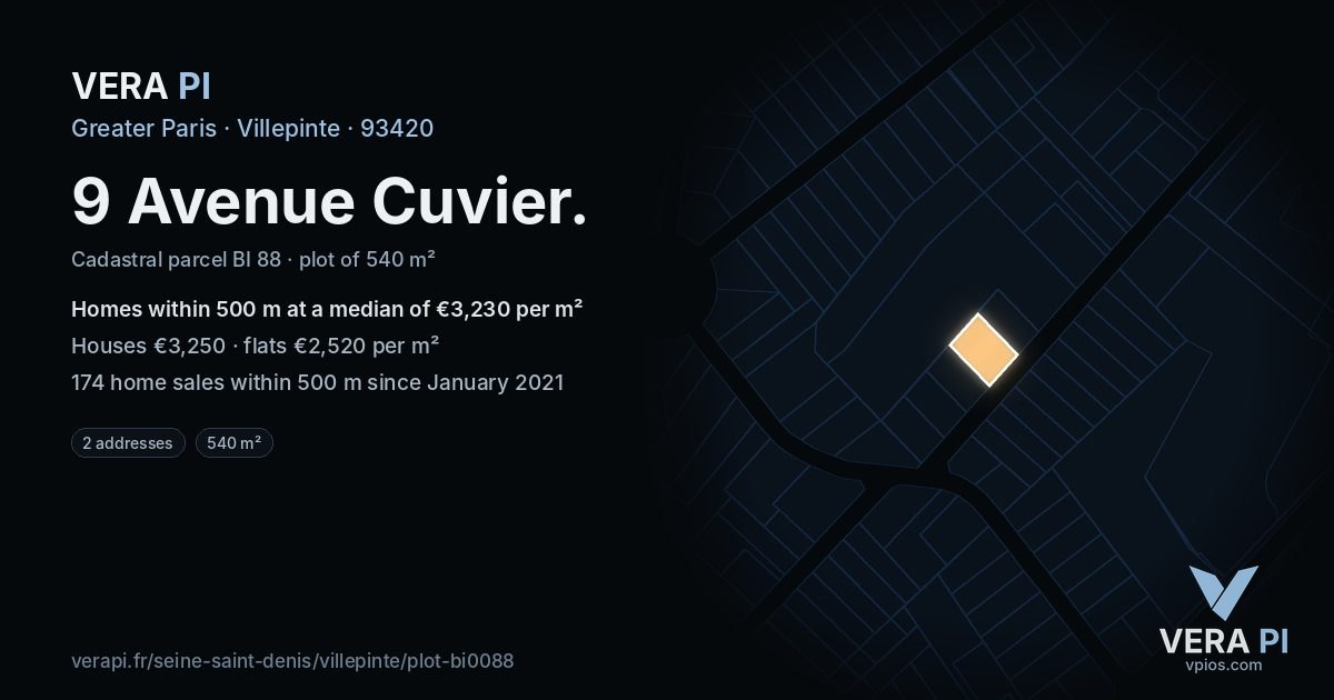 9 Avenue Cuvier, Villepinte at night – the plot lit, the parcels around coloured by the prices near them