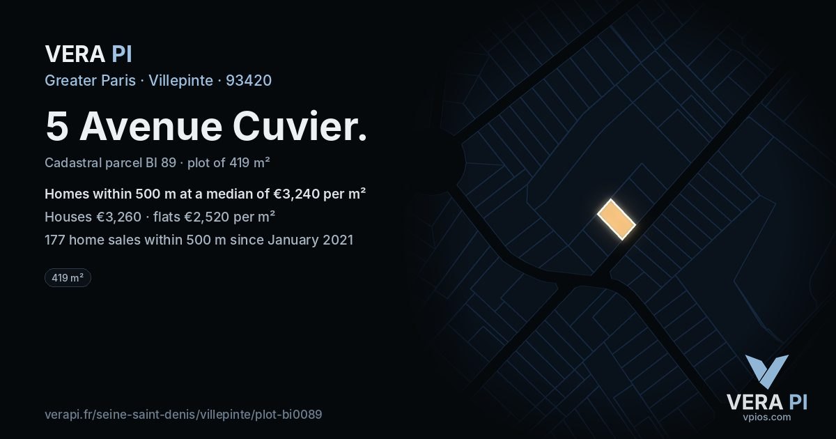 5 Avenue Cuvier, Villepinte at night – the plot lit, the parcels around coloured by the prices near them