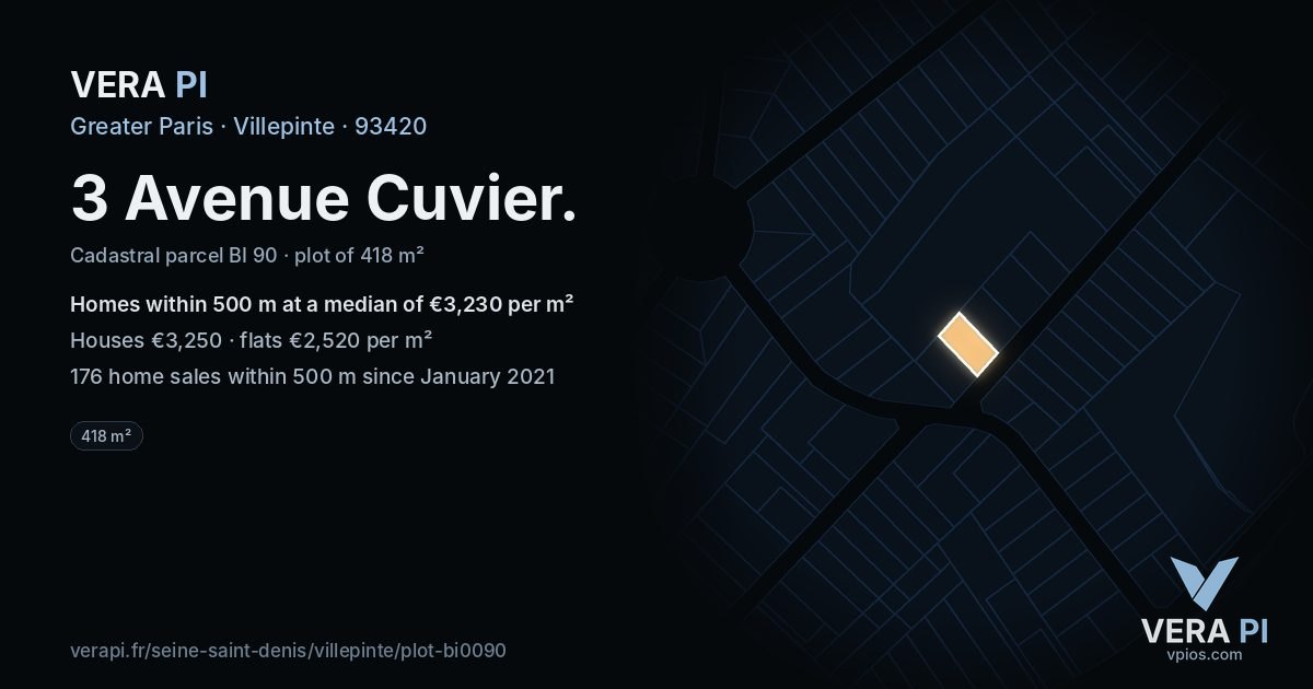3 Avenue Cuvier, Villepinte at night – the plot lit, the parcels around coloured by the prices near them