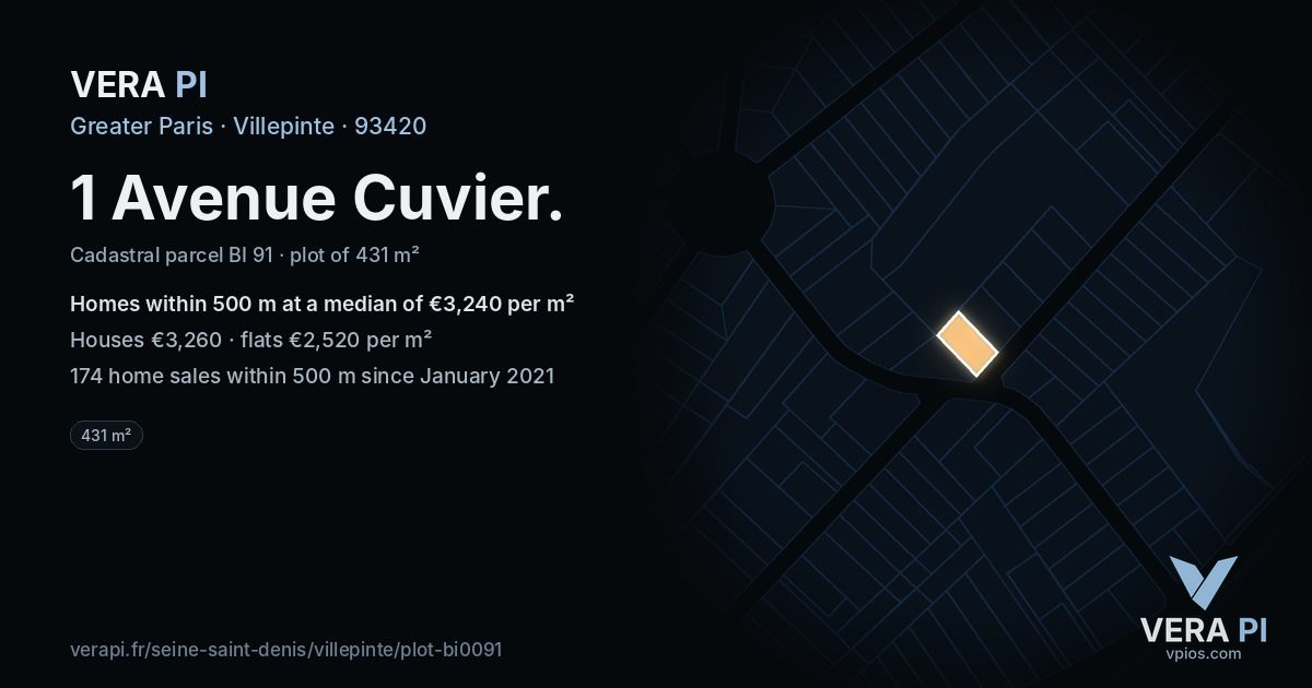 1 Avenue Cuvier, Villepinte at night – the plot lit, the parcels around coloured by the prices near them