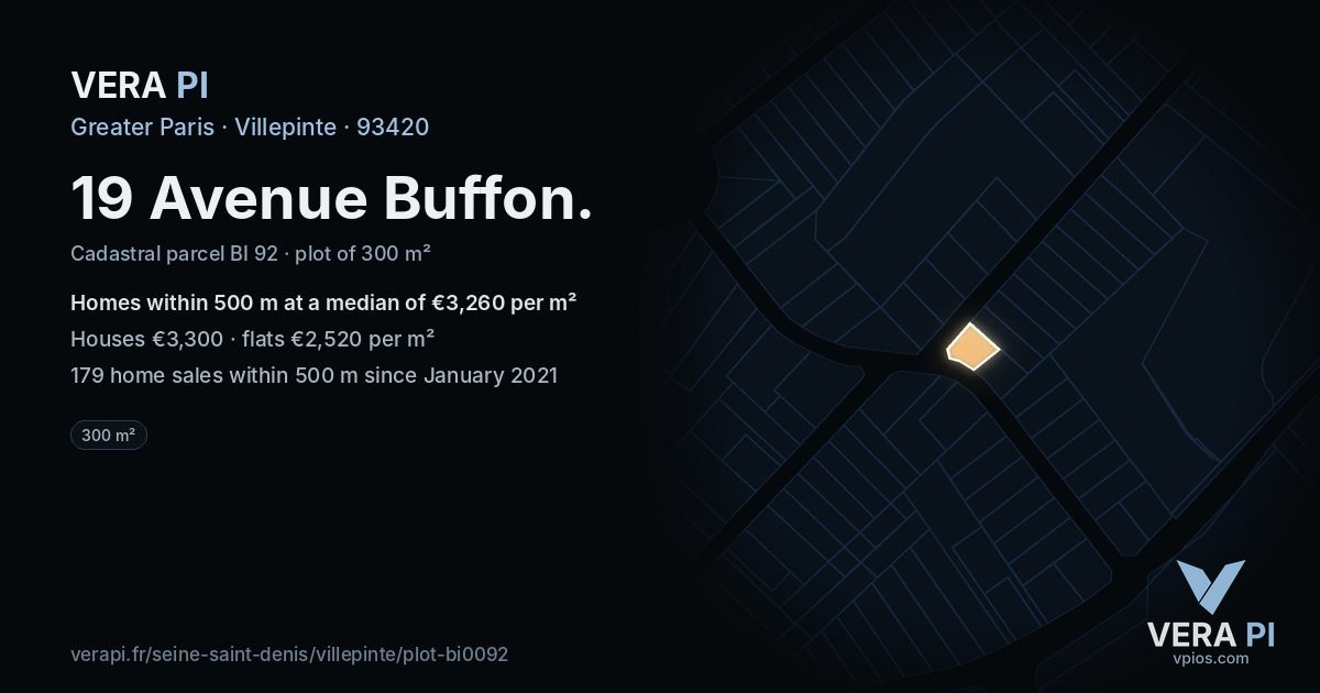 19 Avenue Buffon, Villepinte at night – the plot lit, the parcels around coloured by the prices near them