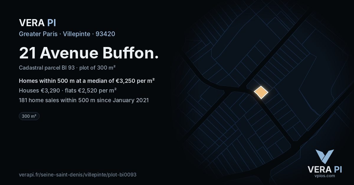 21 Avenue Buffon, Villepinte at night – the plot lit, the parcels around coloured by the prices near them