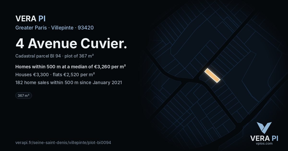 4 Avenue Cuvier, Villepinte at night – the plot lit, the parcels around coloured by the prices near them