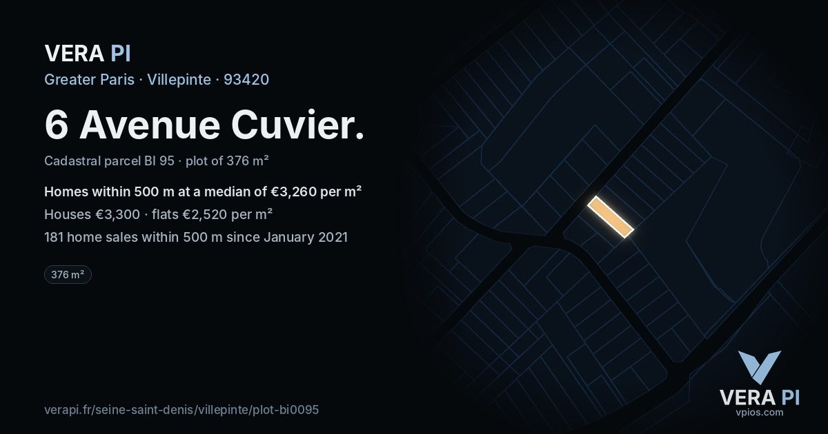 6 Avenue Cuvier, Villepinte at night – the plot lit, the parcels around coloured by the prices near them