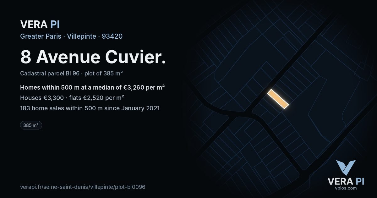 8 Avenue Cuvier, Villepinte at night – the plot lit, the parcels around coloured by the prices near them