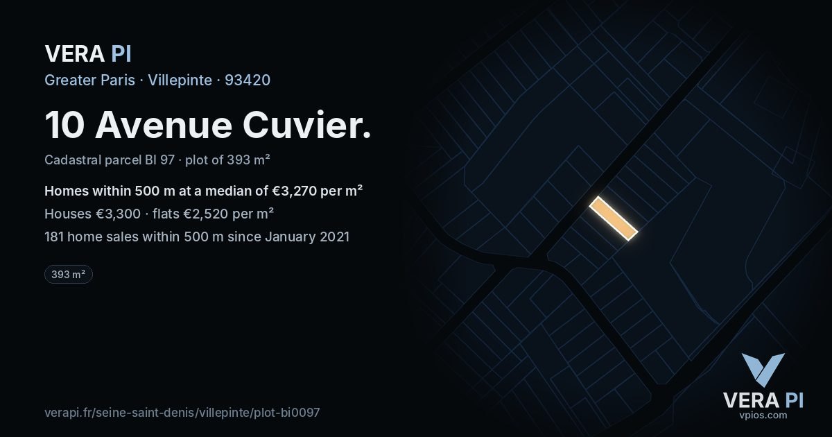 10 Avenue Cuvier, Villepinte at night – the plot lit, the parcels around coloured by the prices near them