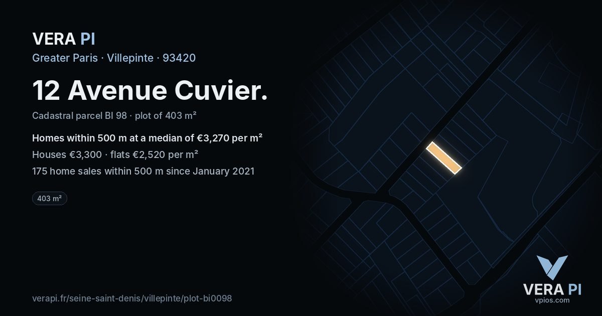 12 Avenue Cuvier, Villepinte at night – the plot lit, the parcels around coloured by the prices near them