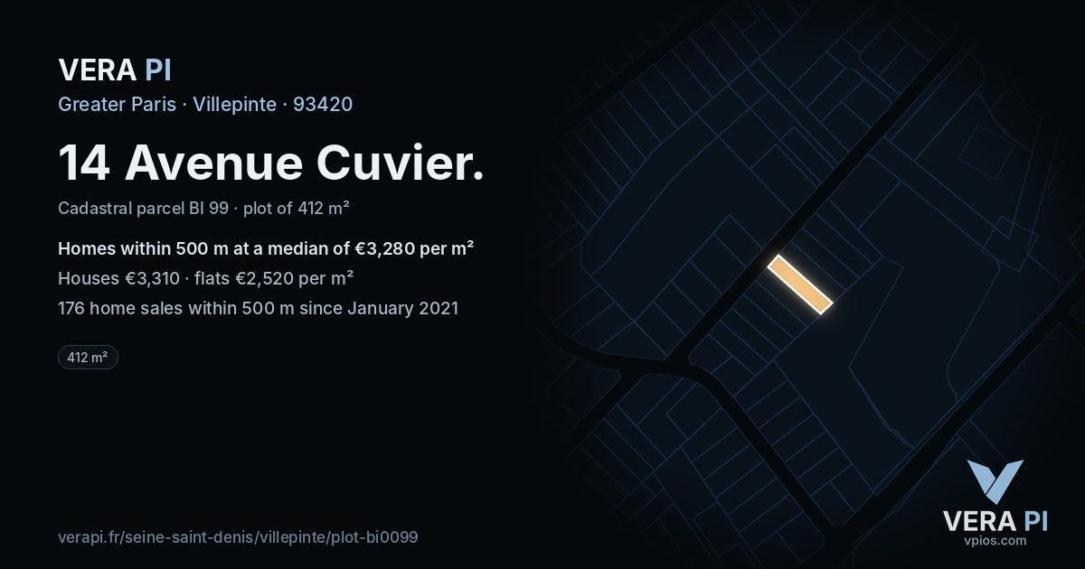 14 Avenue Cuvier, Villepinte at night – the plot lit, the parcels around coloured by the prices near them