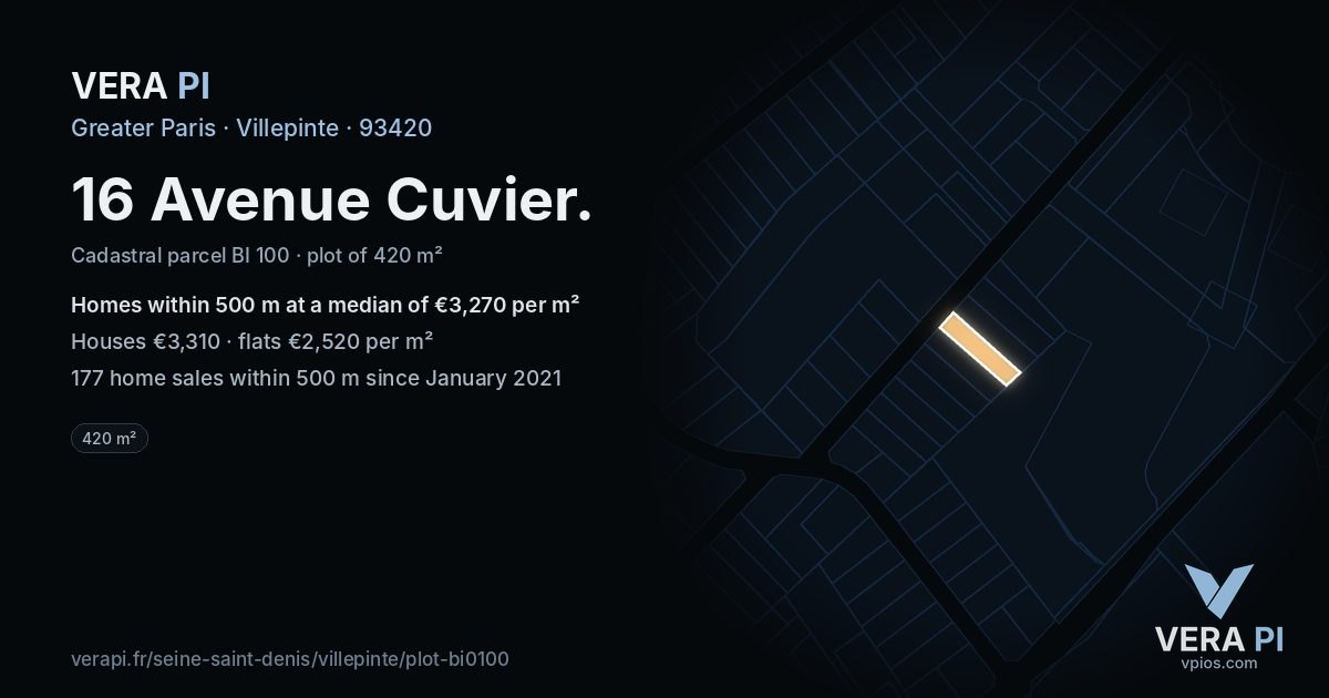 16 Avenue Cuvier, Villepinte at night – the plot lit, the parcels around coloured by the prices near them