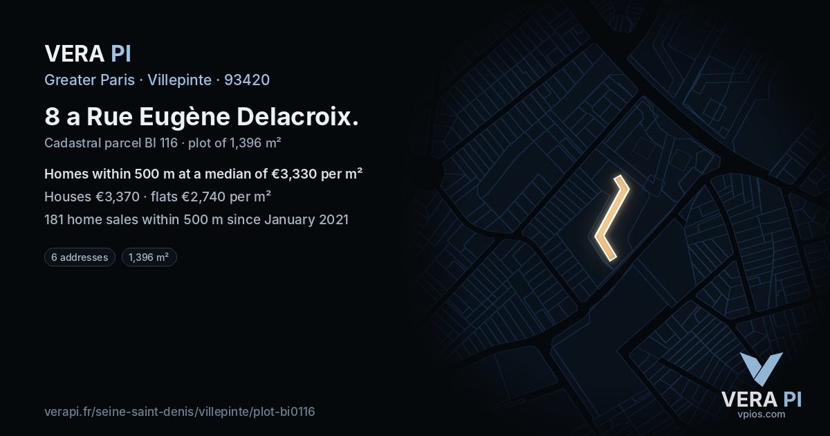 8 a Rue Eugène Delacroix, Villepinte at night – the plot lit, the parcels around coloured by the prices near them