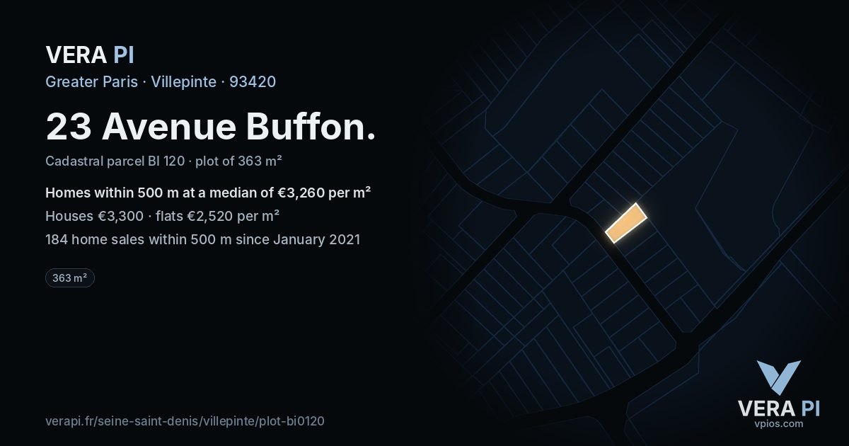 23 Avenue Buffon, Villepinte at night – the plot lit, the parcels around coloured by the prices near them
