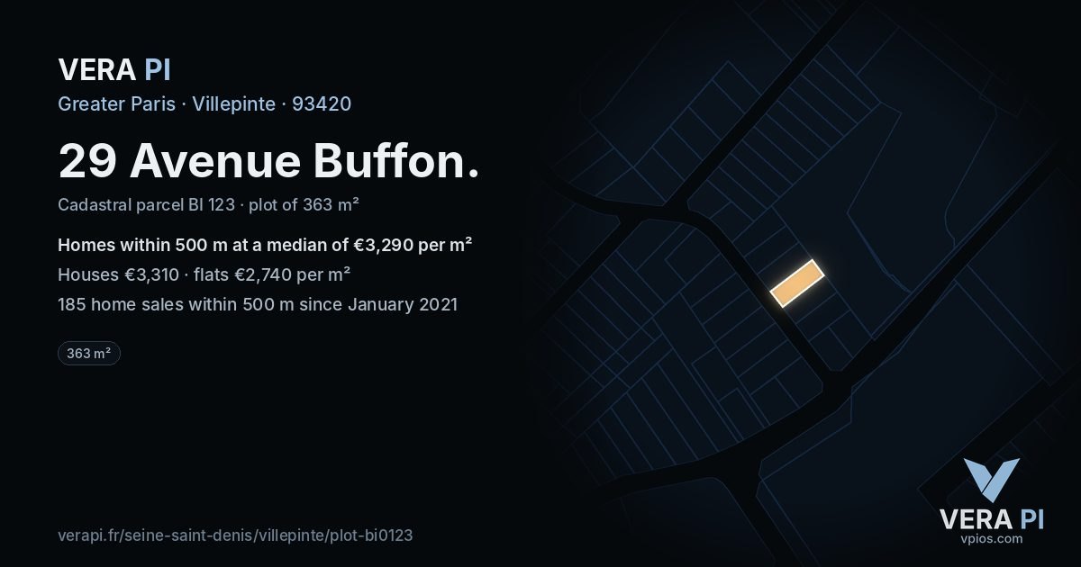 29 Avenue Buffon, Villepinte at night – the plot lit, the parcels around coloured by the prices near them