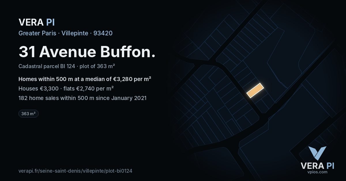 31 Avenue Buffon, Villepinte at night – the plot lit, the parcels around coloured by the prices near them