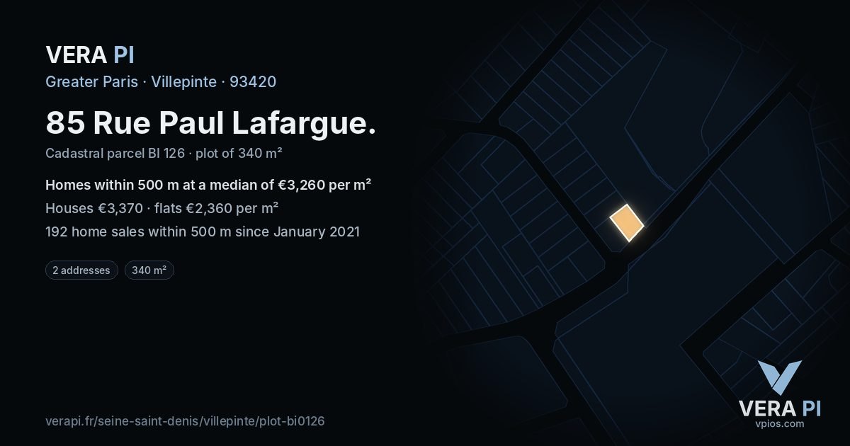 85 Rue Paul Lafargue, Villepinte at night – the plot lit, the parcels around coloured by the prices near them