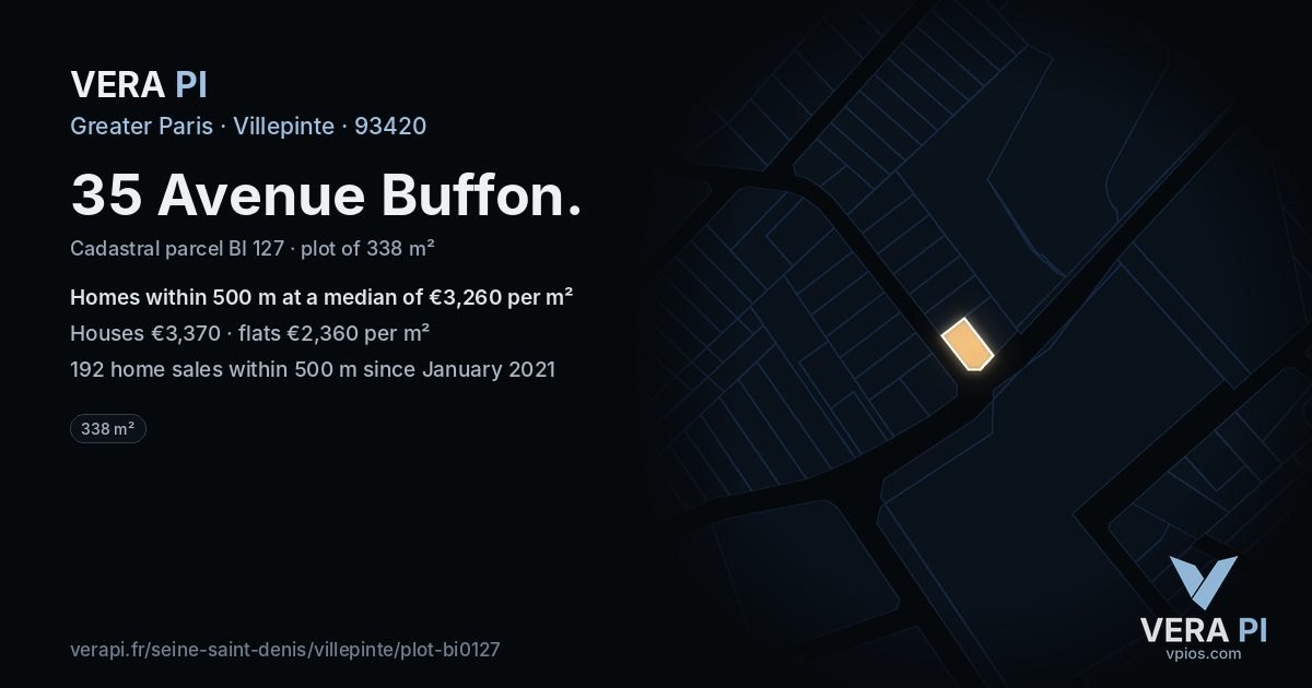 35 Avenue Buffon, Villepinte at night – the plot lit, the parcels around coloured by the prices near them