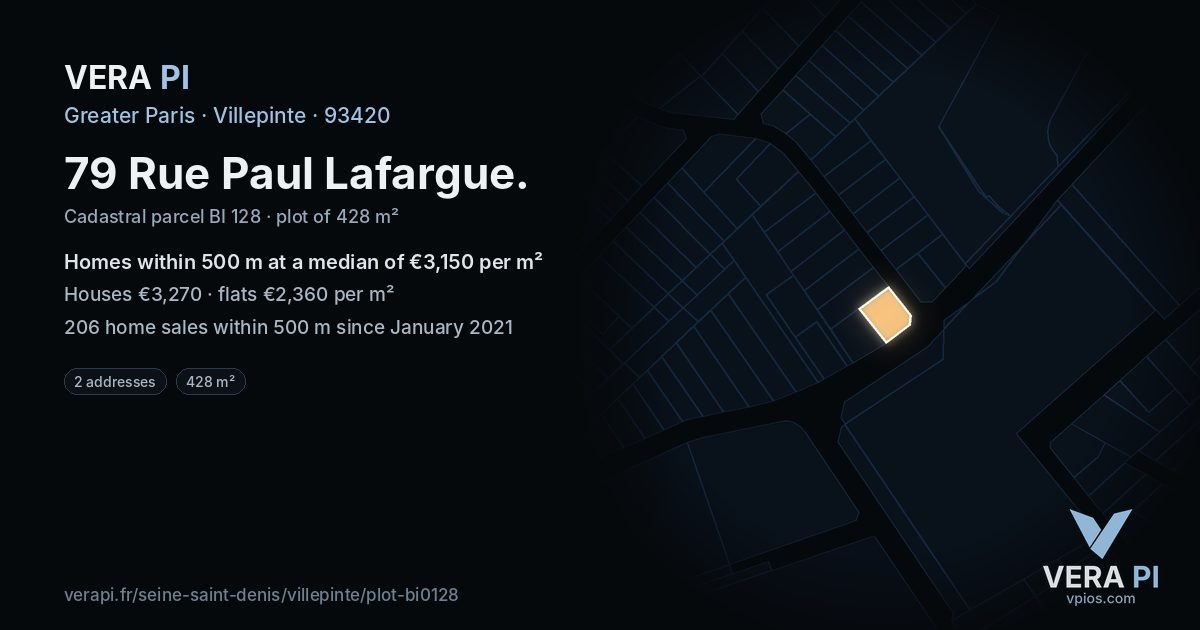 79 Rue Paul Lafargue, Villepinte at night – the plot lit, the parcels around coloured by the prices near them
